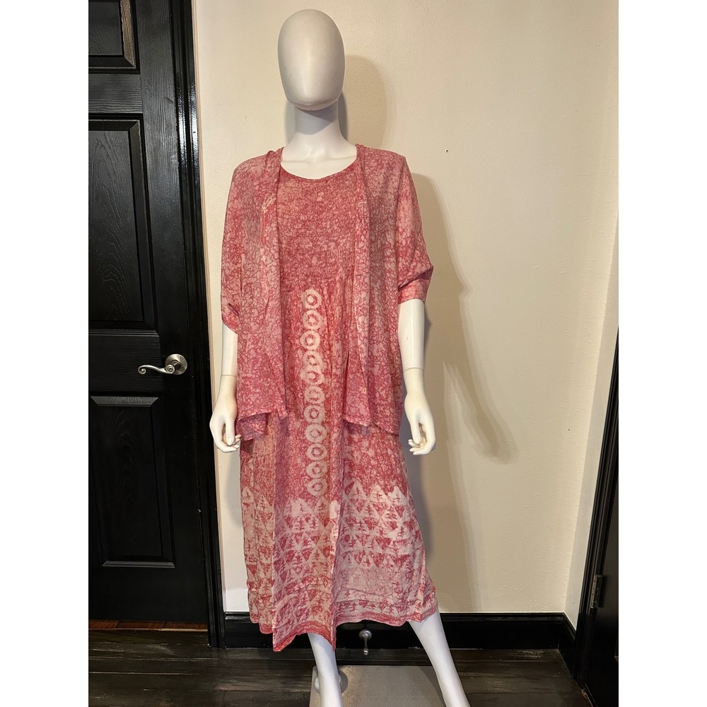 New Pink Batik Print 2 Piece Dress and Kimono Cardigan Set Womens Midi Outfit